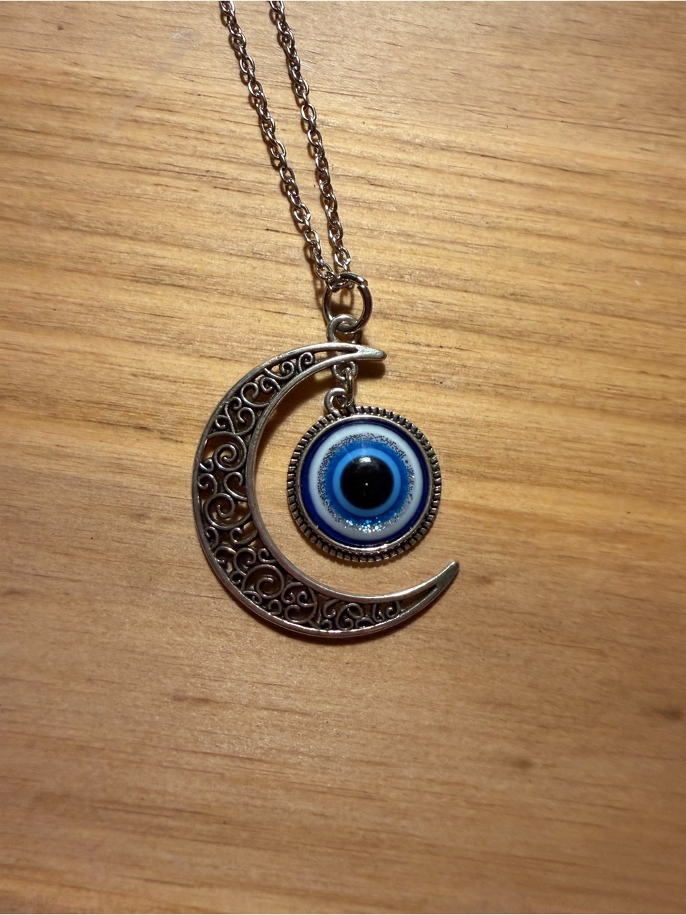 Silver Crescent Moon Necklace with Blue Evil Eye Pendant NWOT - Picture 2 of 2